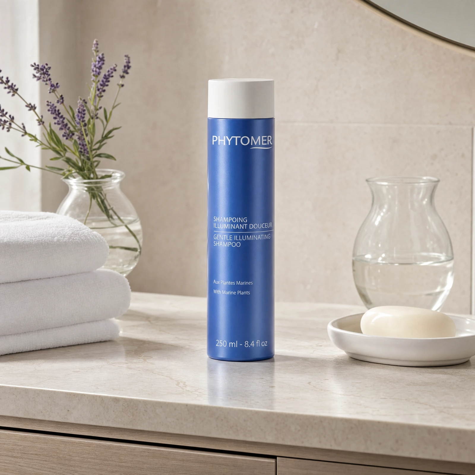 Phytomer Gentle Illuminating Shampoo with Marine Plants 250ml on a marble bathroom vanity with lavender, glass vessel, white towels and ceramic dish, premium at-home haircare setting