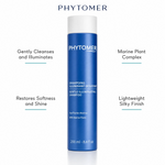Phytomer Gentle Illuminating Shampoo with Marine Plants 250ml with four benefit callouts: Gently Cleanses and Illuminates, Restores Softness and Shine, Marine Plant Complex, Lightweight Silky Finish