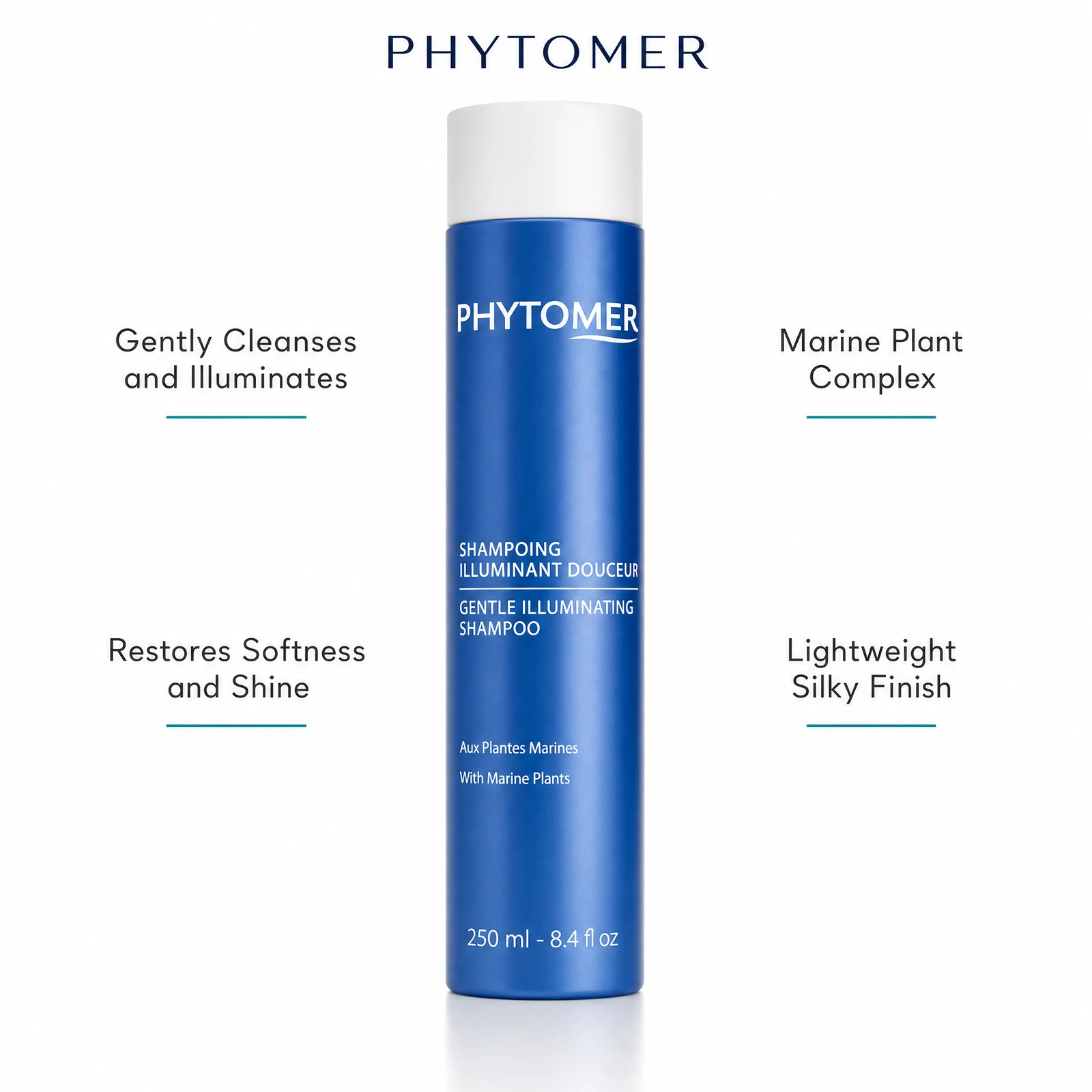 Phytomer Gentle Illuminating Shampoo with Marine Plants 250ml with four benefit callouts: Gently Cleanses and Illuminates, Restores Softness and Shine, Marine Plant Complex, Lightweight Silky Finish