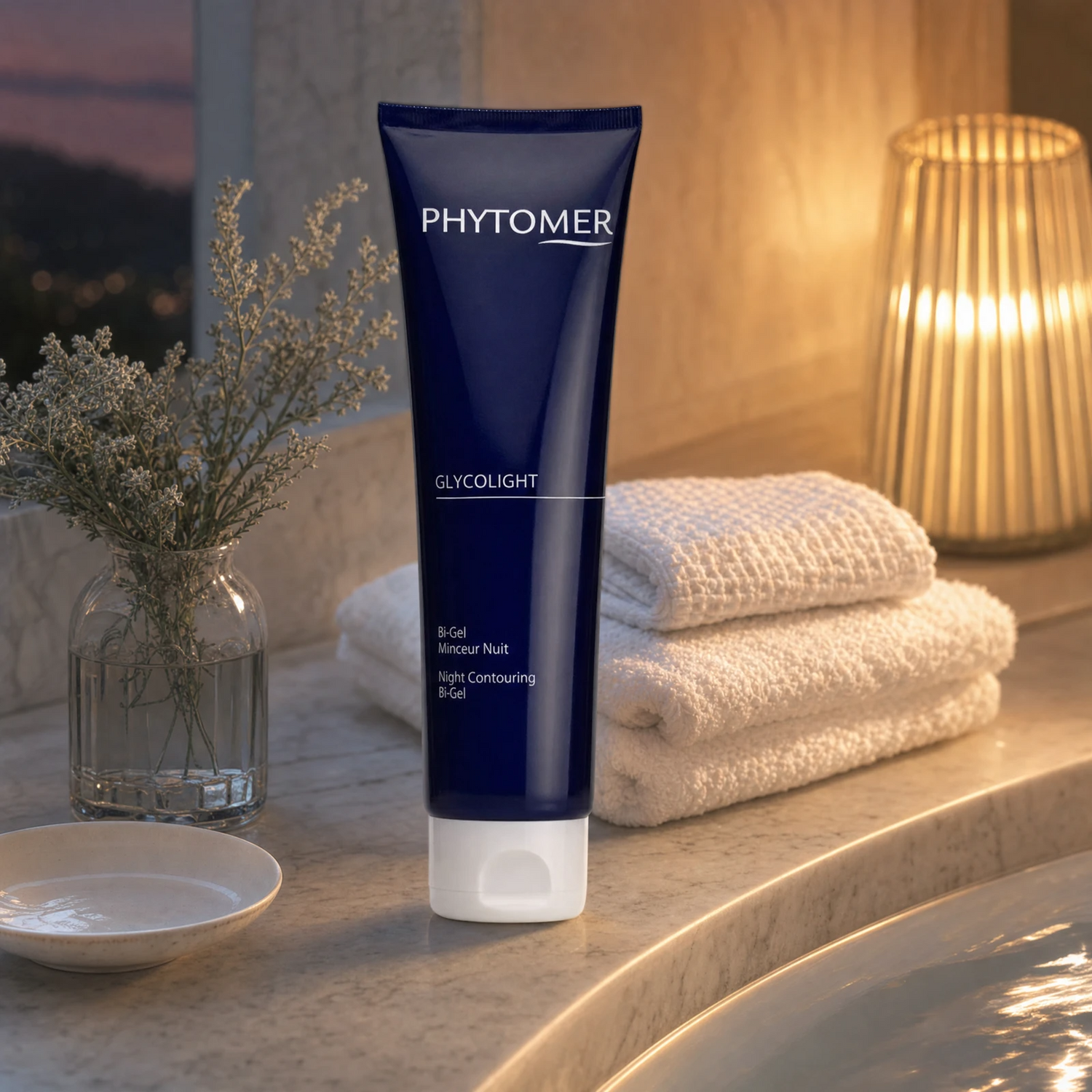 Phytomer Glycolight Night Contouring Bi-Gel 150ml on a marble bath surround with botanical in glass vase, warm amber candlelight, white waffle towels and evening city view, premium at-home body care setting
