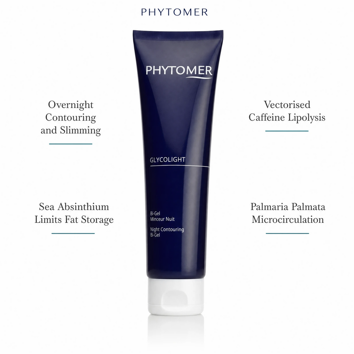 Phytomer Glycolight Night Contouring Bi-Gel 150ml with four benefit callouts: Overnight Contouring and Slimming, Sea Absinthium Limits Fat Storage, Vectorised Caffeine Lipolysis, Palmaria Palmata Microcirculation