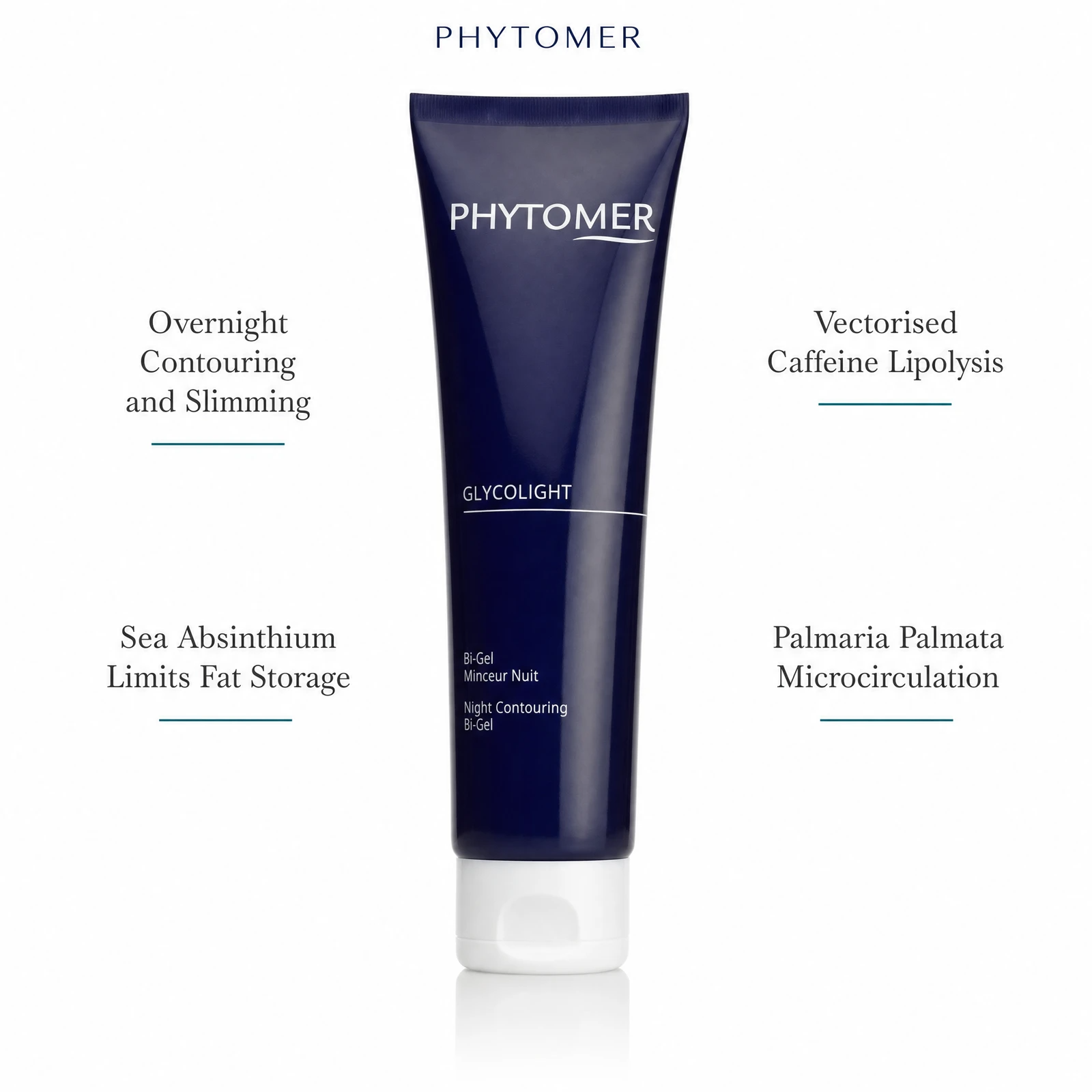 Phytomer Glycolight Night Contouring Bi-Gel 150ml with four benefit callouts: Overnight Contouring and Slimming, Sea Absinthium Limits Fat Storage, Vectorised Caffeine Lipolysis, Palmaria Palmata Microcirculation