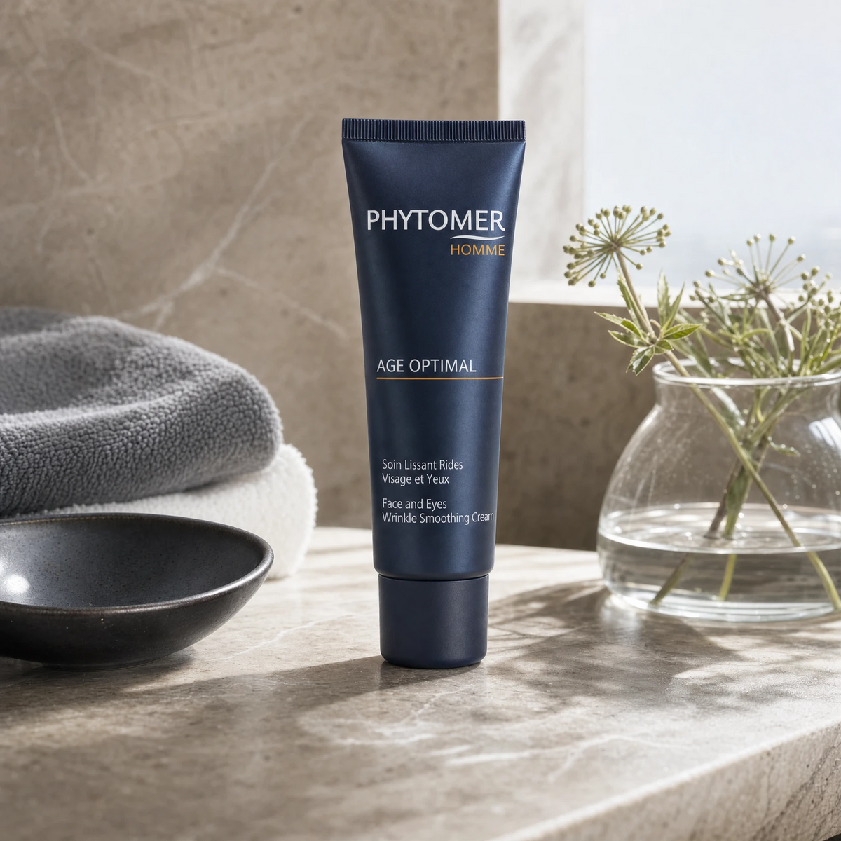 Phytomer Homme Age Optimal Face and Eyes Wrinkle Smoothing Cream 50ml on a dark marble grooming counter with dark ceramic dish, grey towel, glass vessel and sea fennel, premium men's grooming setting