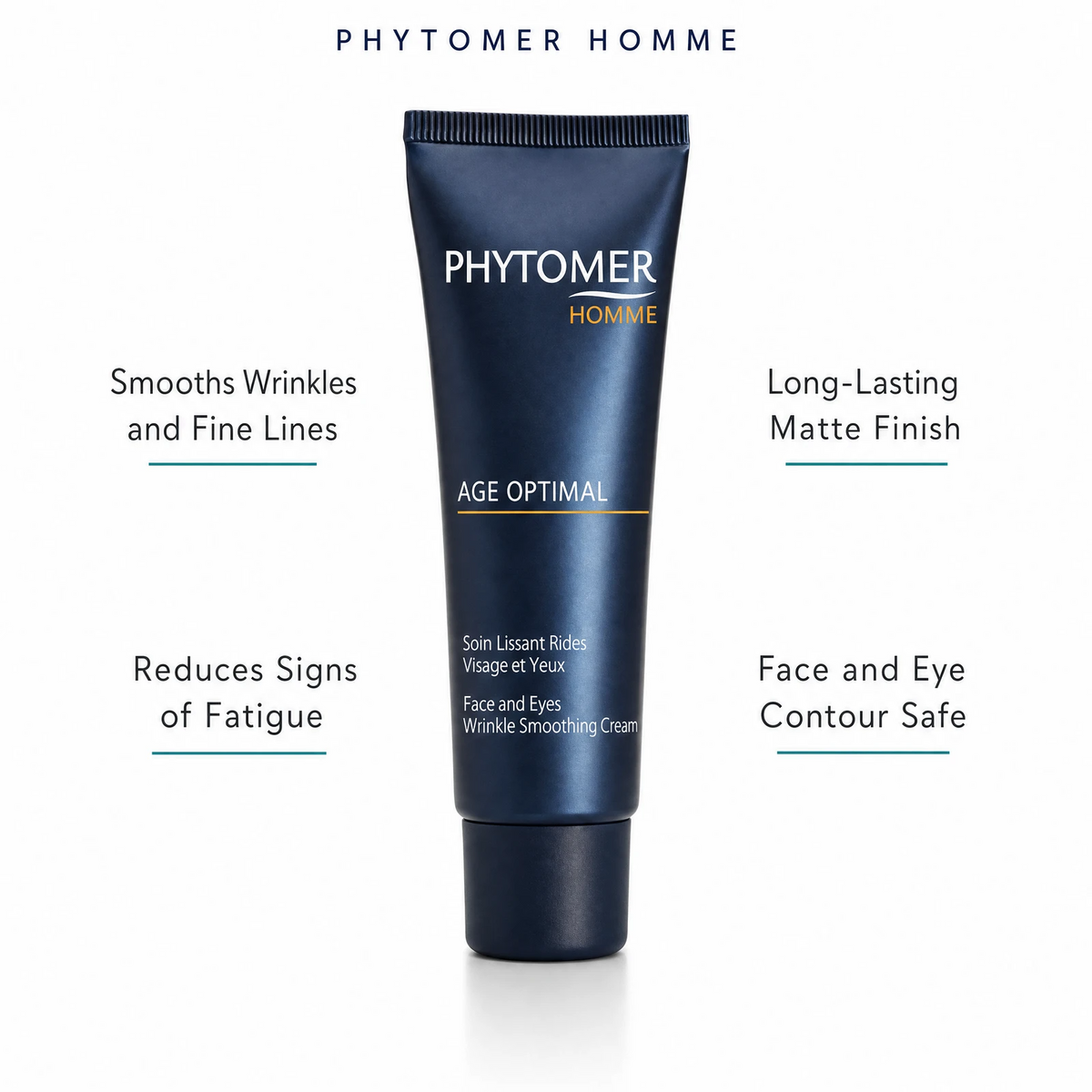 Phytomer Homme Age Optimal Face and Eyes Wrinkle Smoothing Cream 50ml with four benefit callouts: Smooths Wrinkles and Fine Lines, Reduces Signs of Fatigue, Long-Lasting Matte Finish, Face and Eye Contour Safe