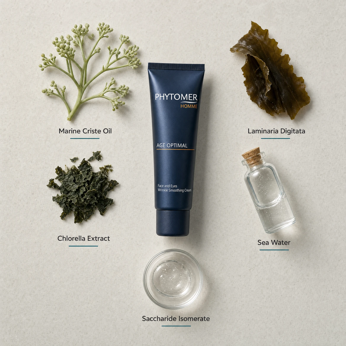 Phytomer Homme Age Optimal Face and Eyes Wrinkle Smoothing Cream 50ml flatlay on limestone surface with Marine Criste Oil, Laminaria Digitata, Chlorella Extract, Sea Water, and Saccharide Isomerate