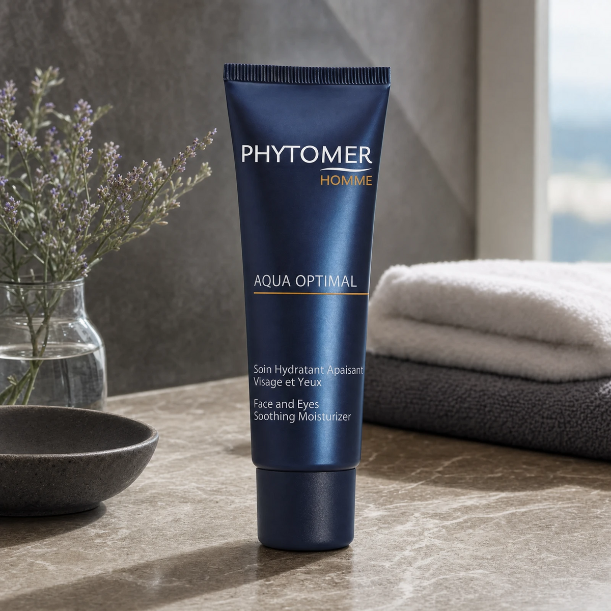 Phytomer Homme Aqua Optimal Face and Eyes Soothing Moisturiser 50ml on a marble grooming counter with lavender, glass vessel, dark ceramic dish and grey towels, premium men's grooming setting