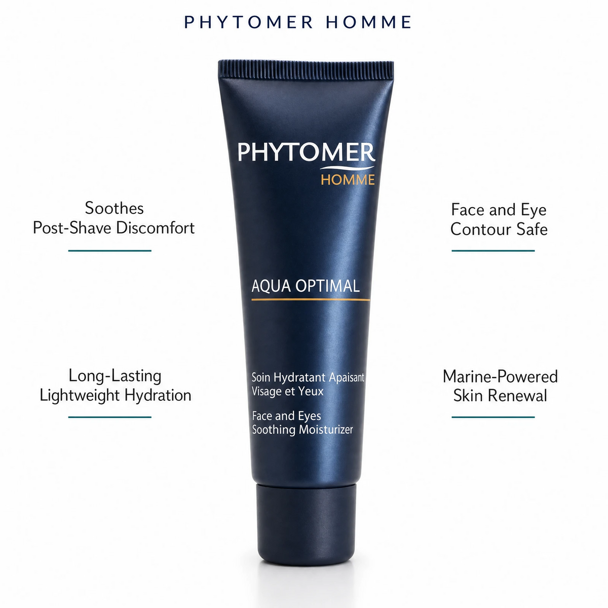 Phytomer Homme Aqua Optimal Face and Eyes Soothing Moisturiser 50ml with four benefit callouts: Soothes Post-Shave Discomfort, Long-Lasting Lightweight Hydration, Face and Eye Contour Safe, Marine-Powered Skin Renewal