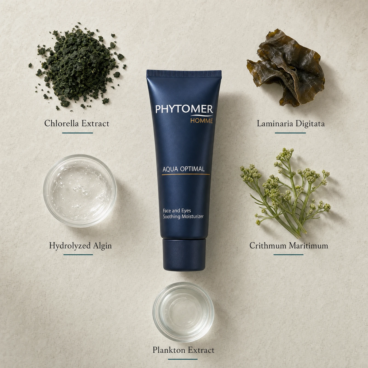 Phytomer Homme Aqua Optimal Face and Eyes Soothing Moisturiser 50ml flatlay on limestone surface with Chlorella Extract, Laminaria Digitata, Hydrolyzed Algin, Crithmum Maritimum, and Plankton Extract