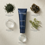 Phytomer Homme Aqua Optimal Face and Eyes Soothing Moisturiser 50ml flatlay on limestone surface with Chlorella Extract, Laminaria Digitata, Hydrolyzed Algin, Crithmum Maritimum, and Plankton Extract