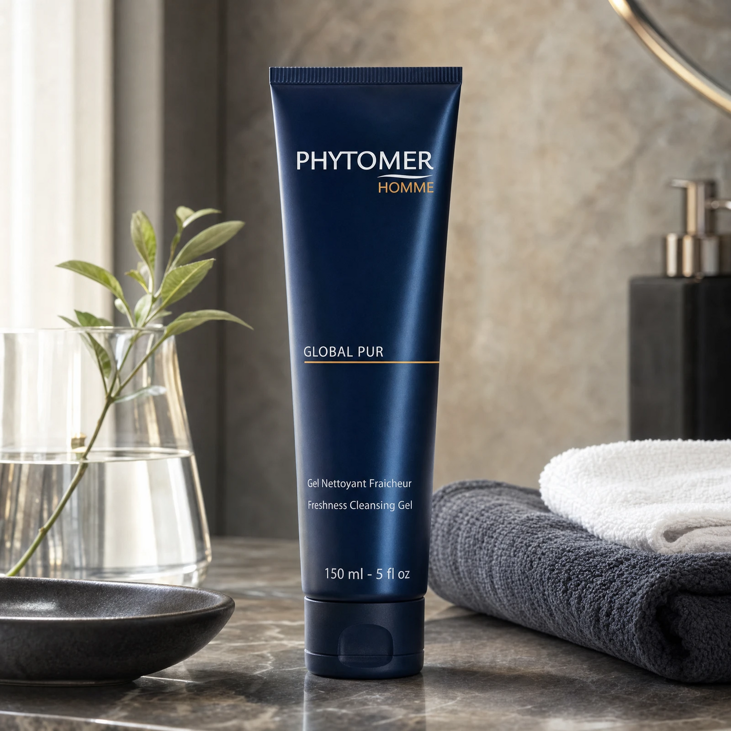 Phytomer Homme Global Pur Freshness Cleansing Gel 150ml on a dark marble grooming counter with glass vessel, botanical, dark ceramic dish and grey towels, premium men's grooming setting