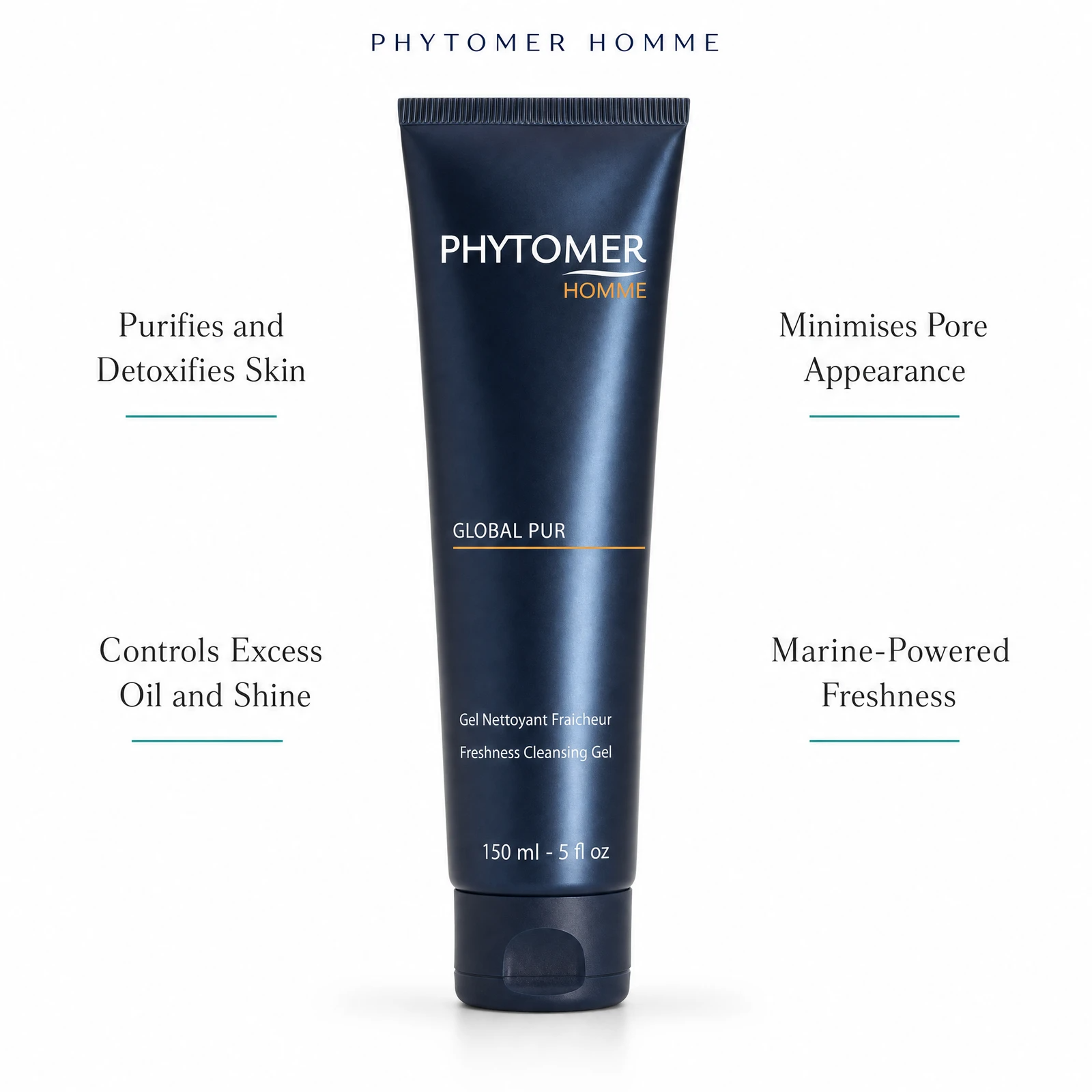 Phytomer Homme Global Pur Freshness Cleansing Gel 150ml with four benefit callouts: Purifies and Detoxifies Skin, Controls Excess Oil and Shine, Minimises Pore Appearance, Marine-Powered Freshness