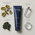 Phytomer Homme Global Pur Freshness Cleansing Gel 150ml flatlay on limestone surface with Witch Hazel Extract, Marine Water, Chlorella Extract, and Zinc Sulfate