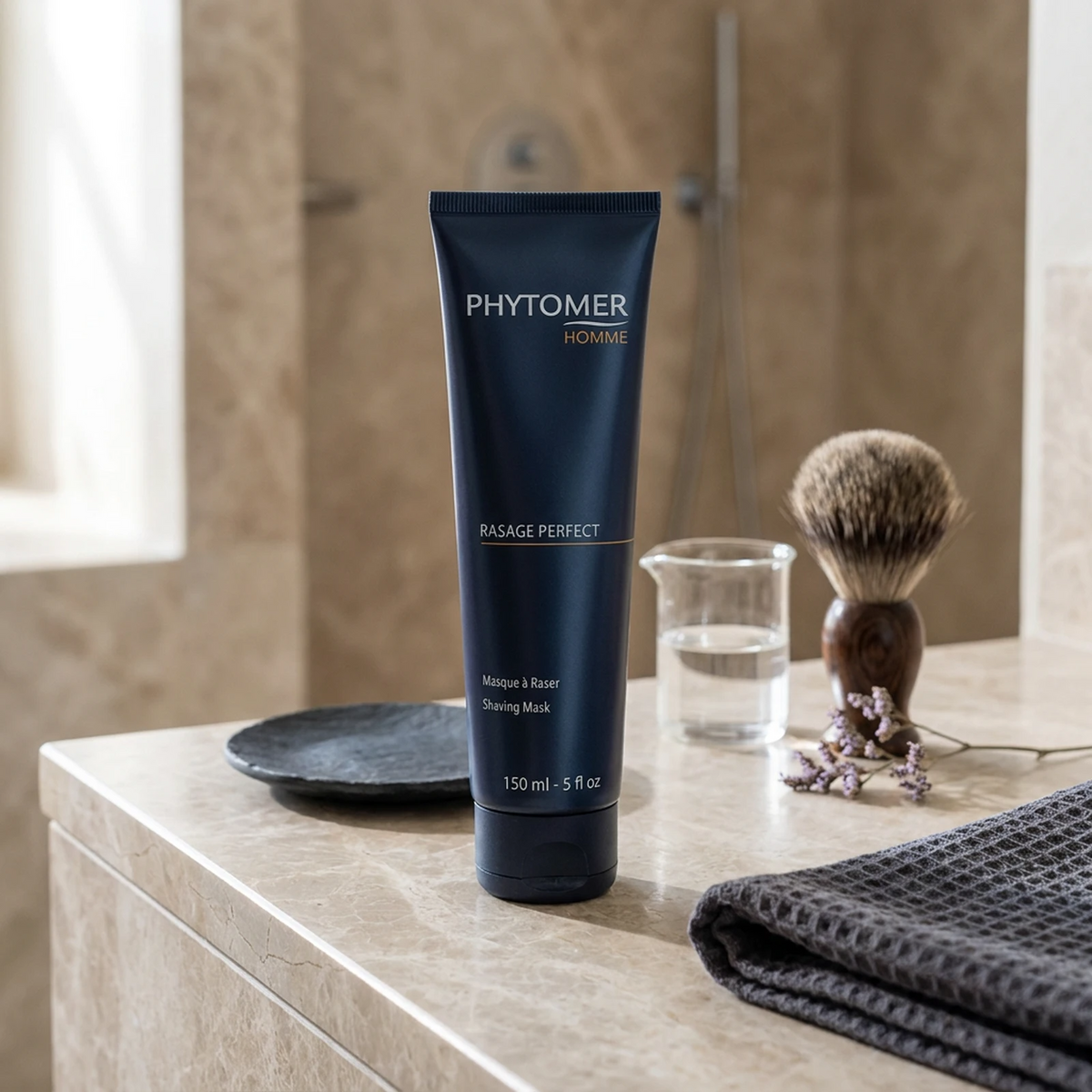 Phytomer Homme Rasage Perfect Shaving Mask 150ml on a marble grooming counter with shaving brush, glass vessel with lavender, dark ceramic dish and charcoal towel, premium men's grooming setting