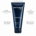 Phytomer Homme Rasage Perfect Shaving Mask 150ml with four benefit callouts: Smooth Comfortable Shave, Calms Redness and Irritation, 2-in-1 Shaving Cream and Mask, Marine-Powered Skin Protection