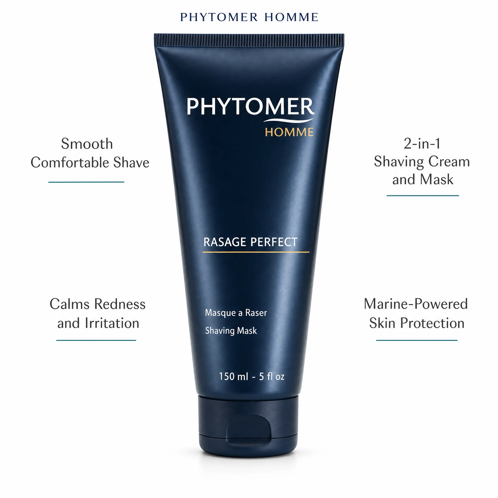 Phytomer Homme Rasage Perfect Shaving Mask 150ml with four benefit callouts: Smooth Comfortable Shave, Calms Redness and Irritation, 2-in-1 Shaving Cream and Mask, Marine-Powered Skin Protection