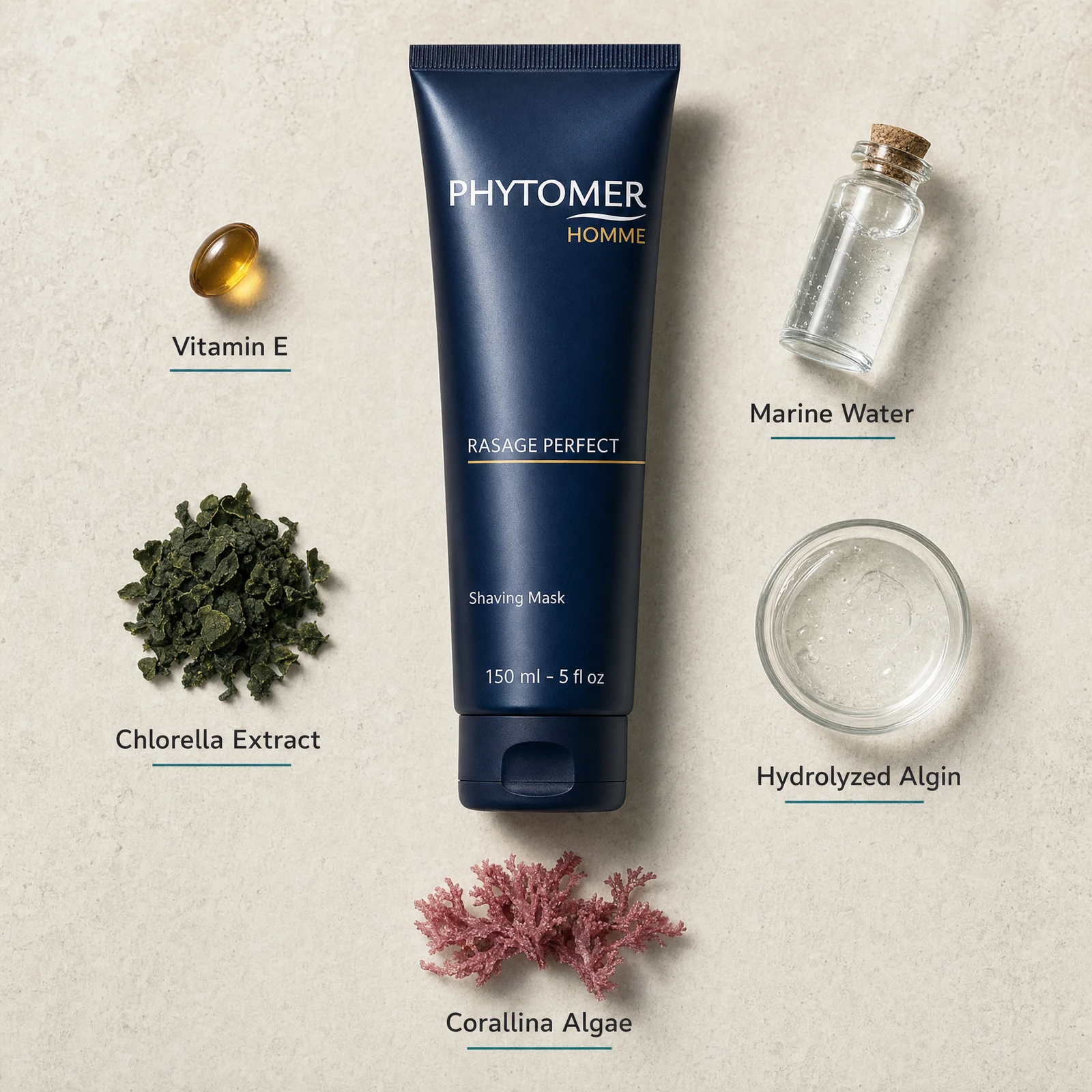 Phytomer Homme Rasage Perfect Shaving Mask 150ml flatlay on limestone surface with Vitamin E, Marine Water, Chlorella Extract, Hydrolyzed Algin, and Corallina Algae