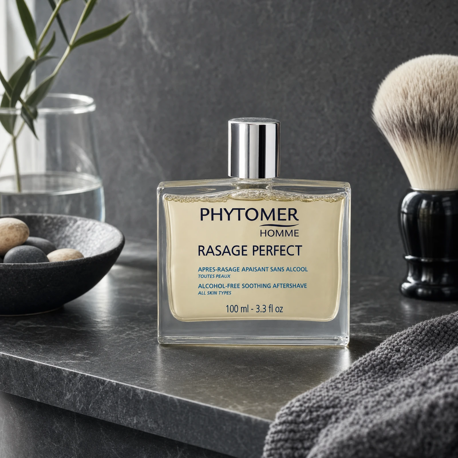 Phytomer Homme Rasage Perfect Soothing Aftershave 100ml on a dark slate grooming counter with shaving brush, sea pebbles in ceramic dish, botanical in glass carafe and grey waffle towel, premium men's grooming setting