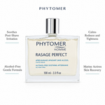 Phytomer Homme Rasage Perfect Soothing Aftershave 100ml with four benefit callouts: Soothes Post-Shave Irritation, Alcohol-Free Gentle Formula, Calms Redness and Tightness, Marine Actives Skin Recovery