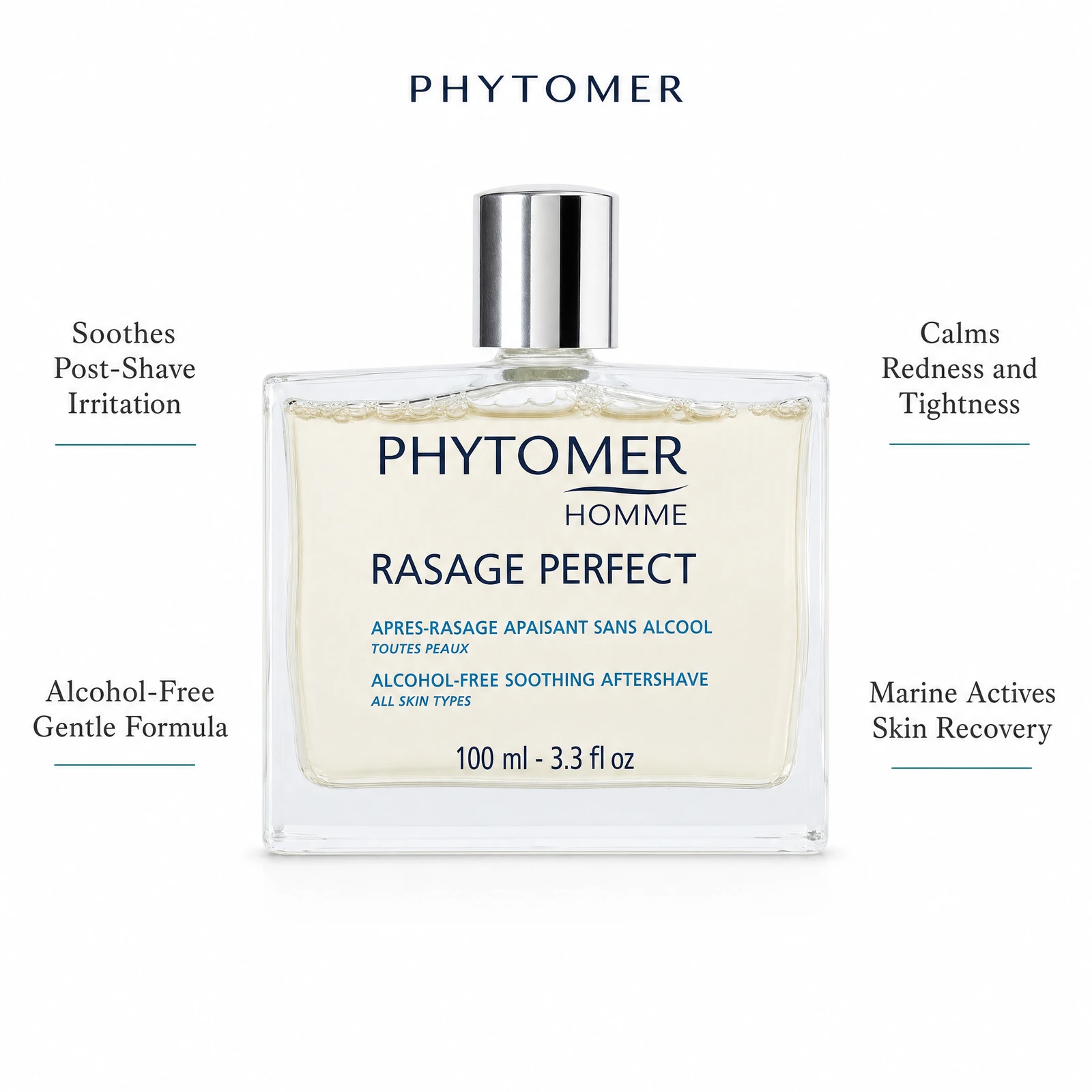 Phytomer Homme Rasage Perfect Soothing Aftershave 100ml with four benefit callouts: Soothes Post-Shave Irritation, Alcohol-Free Gentle Formula, Calms Redness and Tightness, Marine Actives Skin Recovery