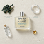Phytomer Homme Rasage Perfect Soothing Aftershave 100ml flatlay on limestone surface with Chlorella Extract, Allantoin, Sea Water Minerals, and Vitamin E