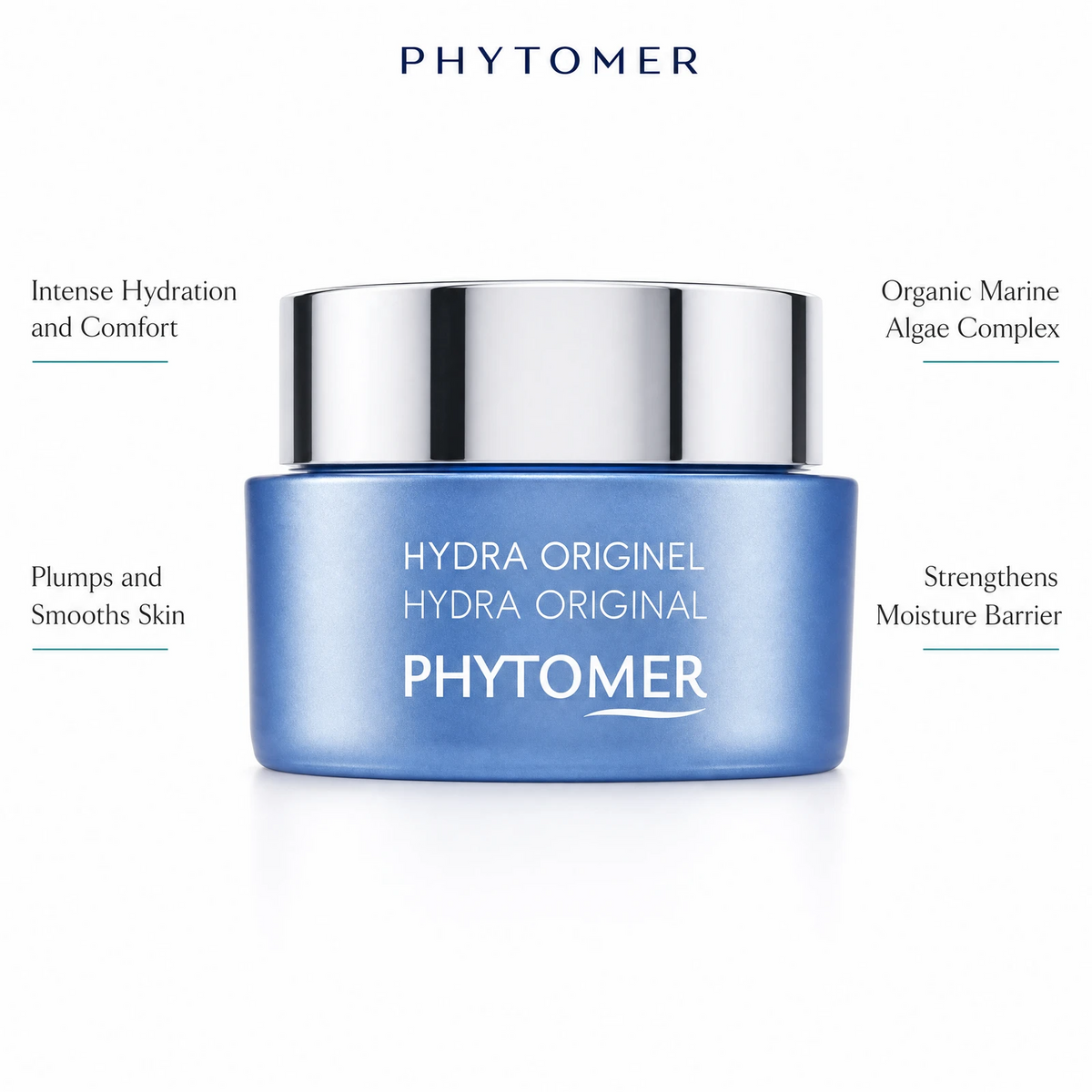 Phytomer Hydra Original Moisturising Melting Cream 50ml with four benefit callouts: Intense Hydration and Comfort, Plumps and Smooths Skin, Organic Marine Algae Complex, Strengthens Moisture Barrier