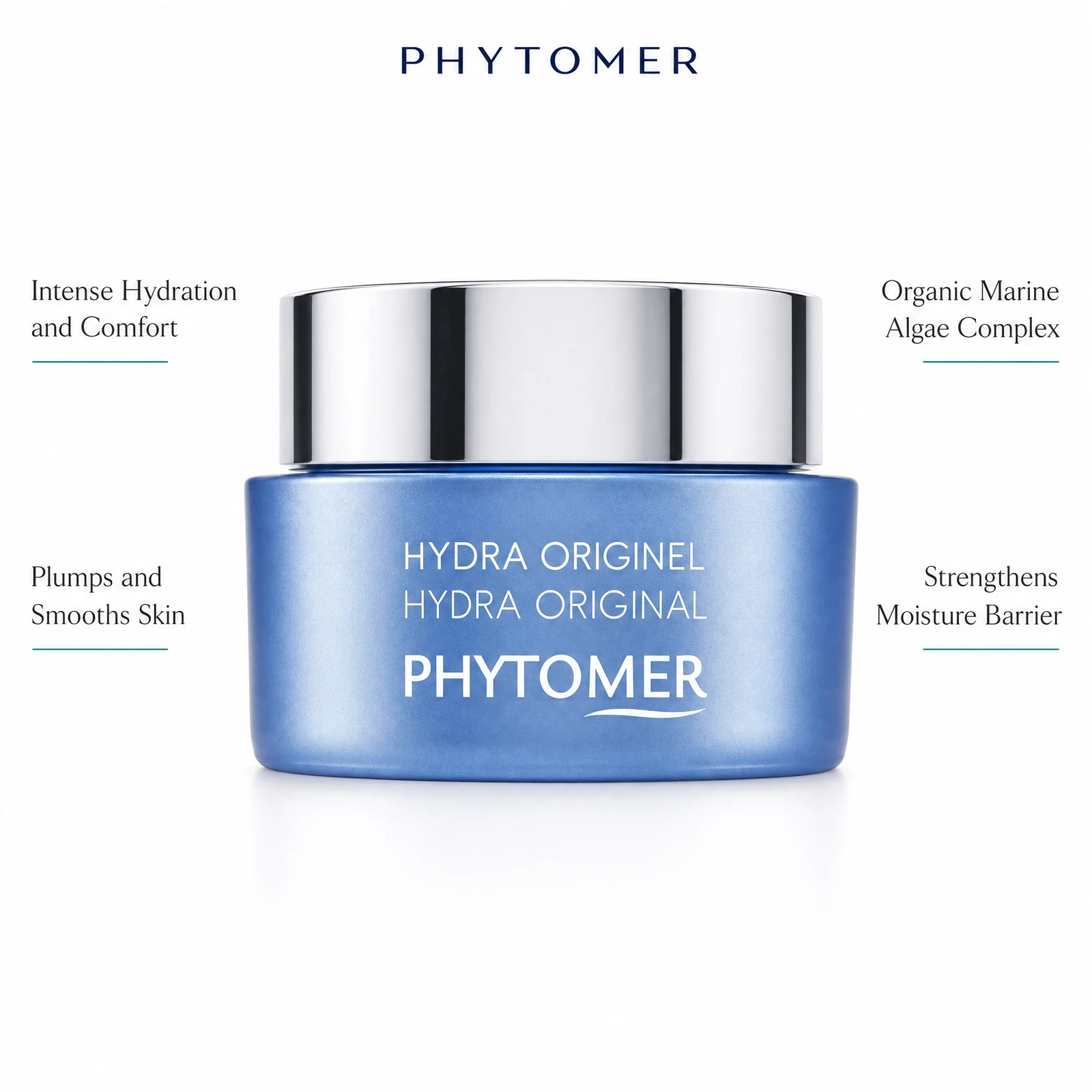 Phytomer Hydra Original Moisturising Melting Cream 50ml with four benefit callouts: Intense Hydration and Comfort, Plumps and Smooths Skin, Organic Marine Algae Complex, Strengthens Moisture Barrier
