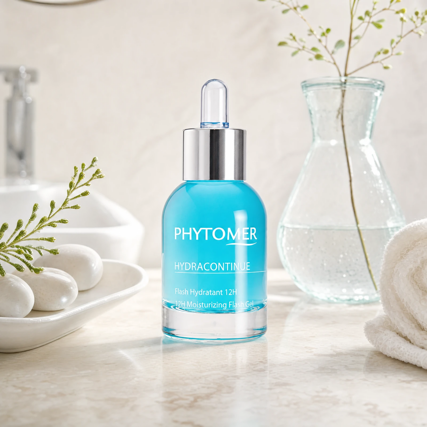 Phytomer Hydra Continue 12H Moisturizing Flash Gel 30ml on a marble bathroom vanity with white pebbles, glass vessel and coastal botanical, premium at-home skincare setting