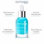 Phytomer Hydra Continue 12H Moisturizing Flash Gel 30ml with four benefit callouts: 12H Continuous Hydration, Instantly Refreshes Skin, Lightweight Zero-Residue Gel, Marine Mineral Complex