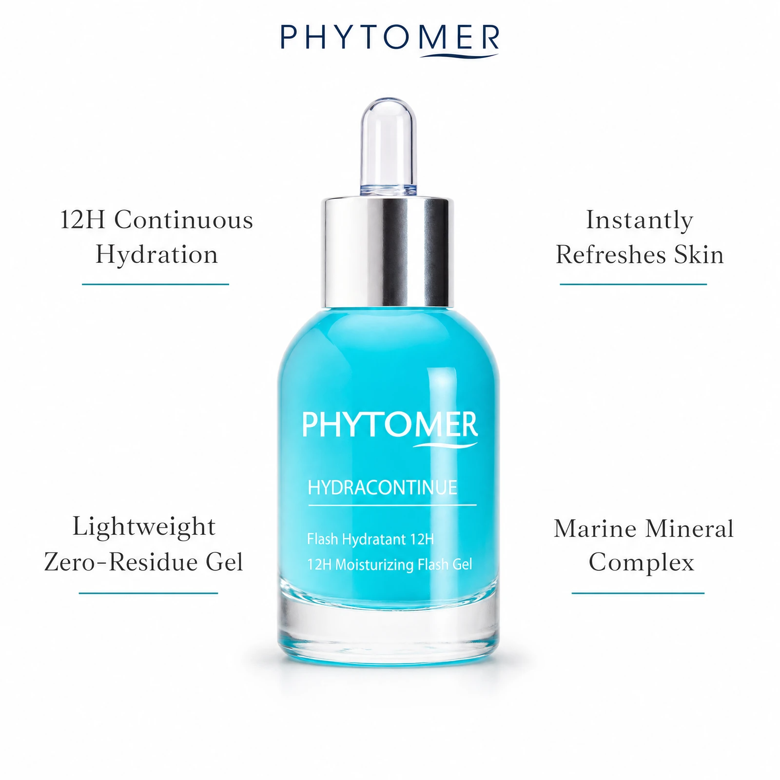 Phytomer Hydra Continue 12H Moisturizing Flash Gel 30ml with four benefit callouts: 12H Continuous Hydration, Instantly Refreshes Skin, Lightweight Zero-Residue Gel, Marine Mineral Complex