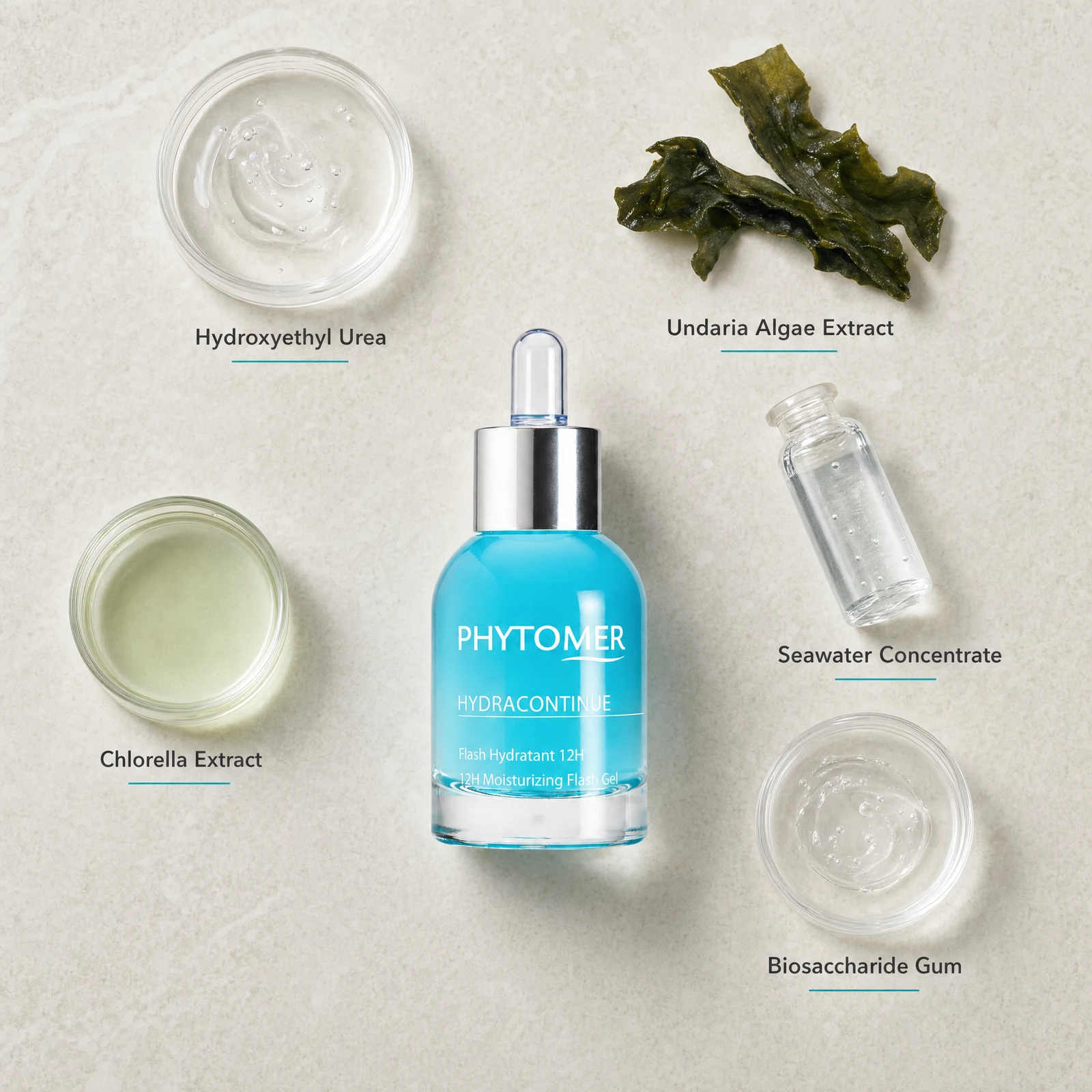 Phytomer Hydra Continue 12H Moisturizing Flash Gel 30ml flatlay on limestone surface with Hydroxyethyl Urea, Undaria Algae Extract, Chlorella Extract, Seawater Concentrate, and Biosaccharide Gum