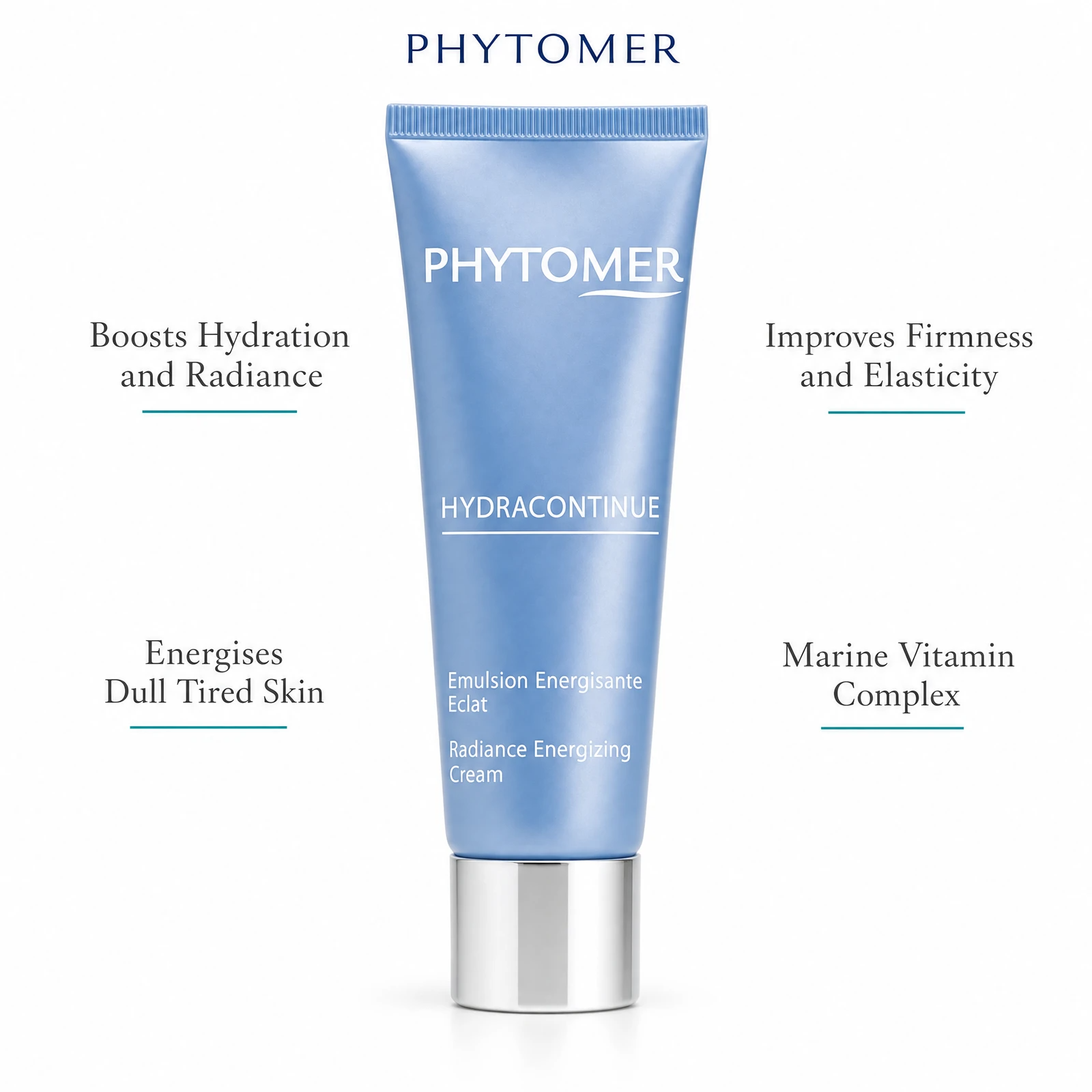 Phytomer Hydra Continue Radiance Energizing Cream 50ml with four benefit callouts: Boosts Hydration and Radiance, Energises Dull Tired Skin, Improves Firmness and Elasticity, Marine Vitamin Complex