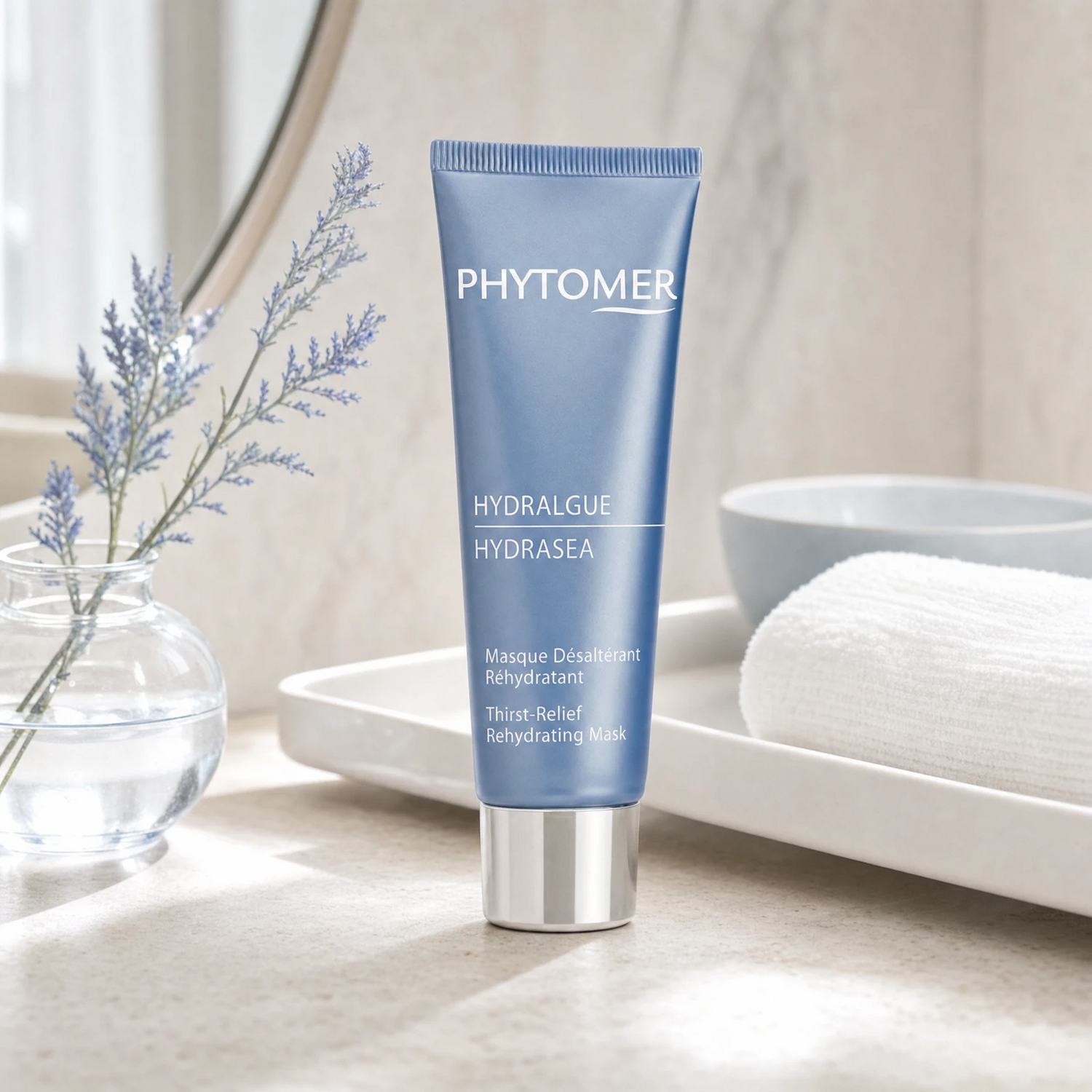 Phytomer Hydrasea Thirst-Relief Rehydrating Mask 50ml on a marble bathroom vanity with glass vessel, lavender botanical, white towels and ceramic tray, premium at-home skincare setting