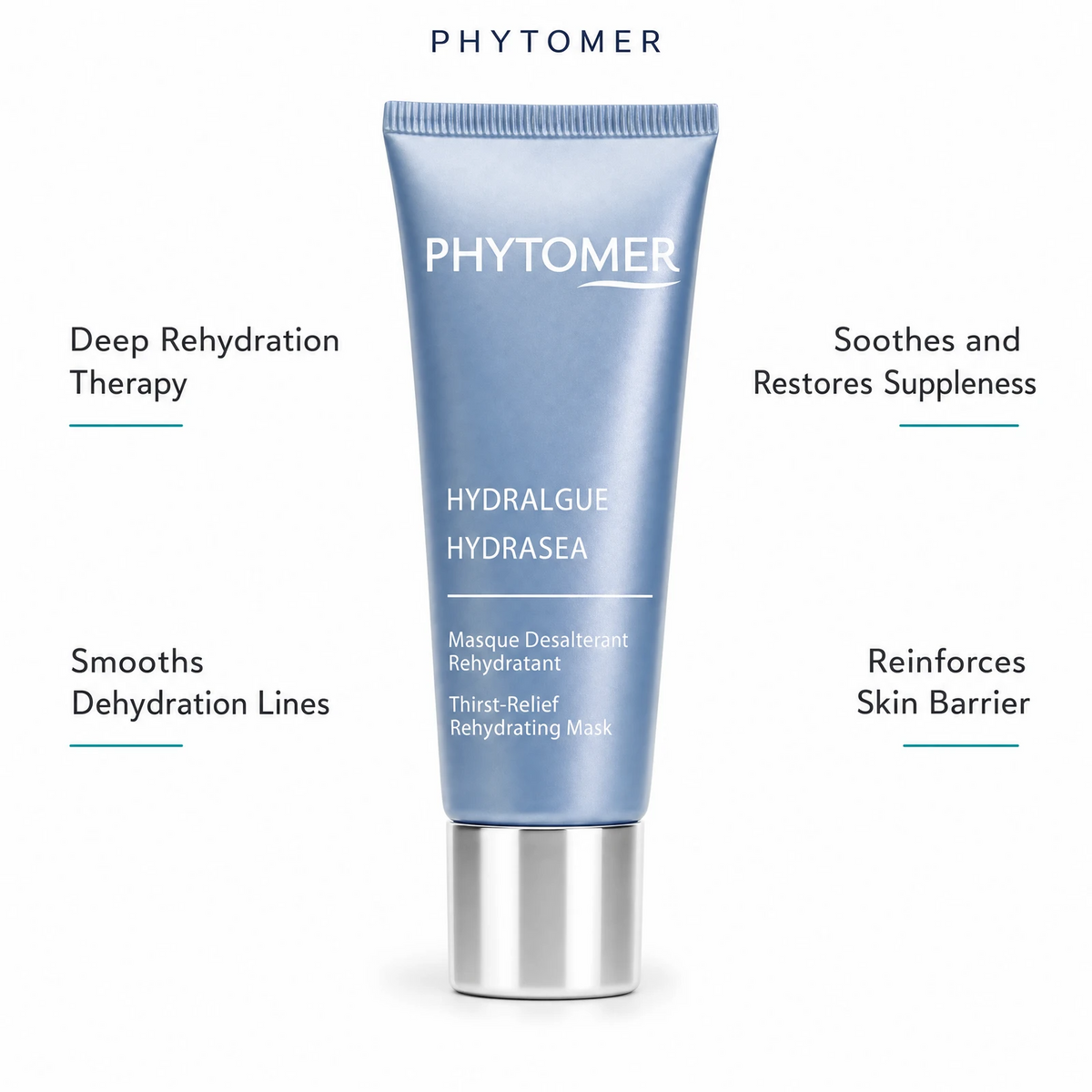 Phytomer Hydrasea Thirst-Relief Rehydrating Mask 50ml with four benefit callouts: Deep Rehydration Therapy, Smooths Dehydration Lines, Soothes and Restores Suppleness, Reinforces Skin Barrier