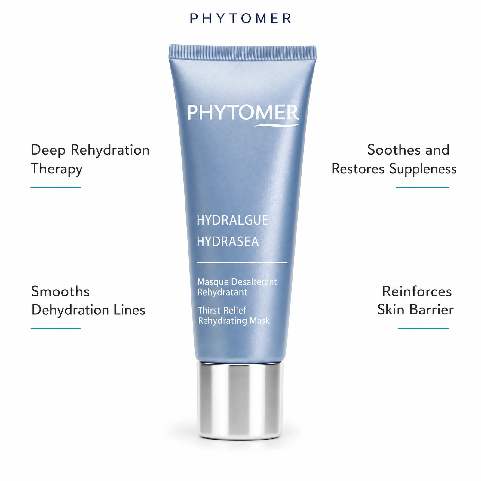 Phytomer Hydrasea Thirst-Relief Rehydrating Mask 50ml with four benefit callouts: Deep Rehydration Therapy, Smooths Dehydration Lines, Soothes and Restores Suppleness, Reinforces Skin Barrier