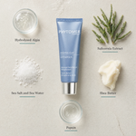 Phytomer Hydrasea Thirst-Relief Rehydrating Mask 50ml flatlay on limestone surface with Hydrolyzed Algin, Salicornia Extract, Sea Salt and Sea Water, Shea Butter, and Papain