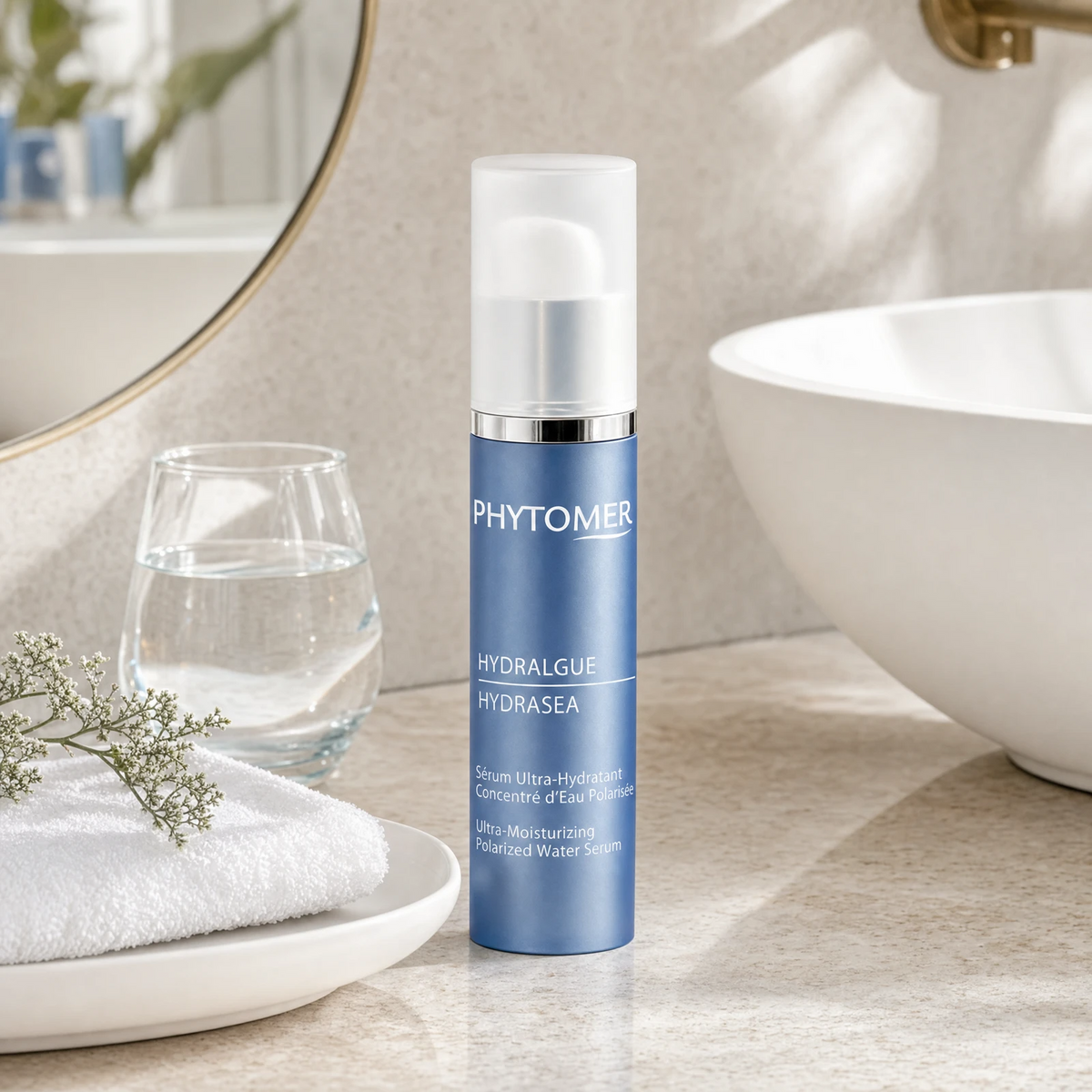 Phytomer Hydrasea Ultra-Moisturizing Polarized Water Serum 30ml on a marble bathroom vanity with glass vessel, coastal botanical, white towels and ceramic tray, premium at-home skincare setting