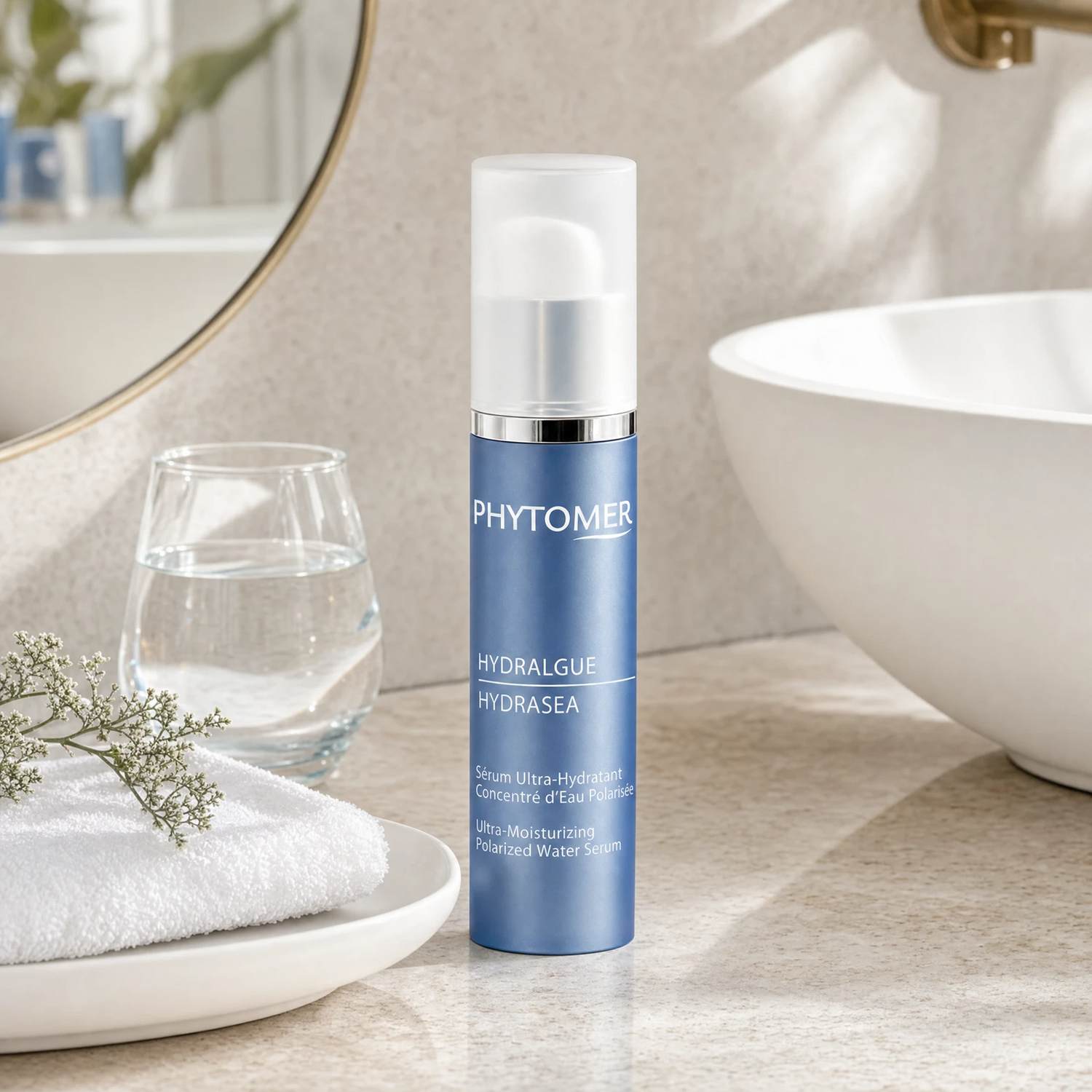 Phytomer Hydrasea Ultra-Moisturizing Polarized Water Serum 30ml on a marble bathroom vanity with glass vessel, coastal botanical, white towels and ceramic tray, premium at-home skincare setting