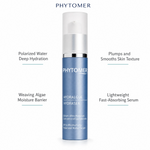 Phytomer Hydrasea Ultra-Moisturizing Polarized Water Serum 30ml with four benefit callouts: Polarized Water Deep Hydration, Plumps and Smooths Skin Texture, Weaving Algae Moisture Barrier, Lightweight Fast-Absorbing Serum
