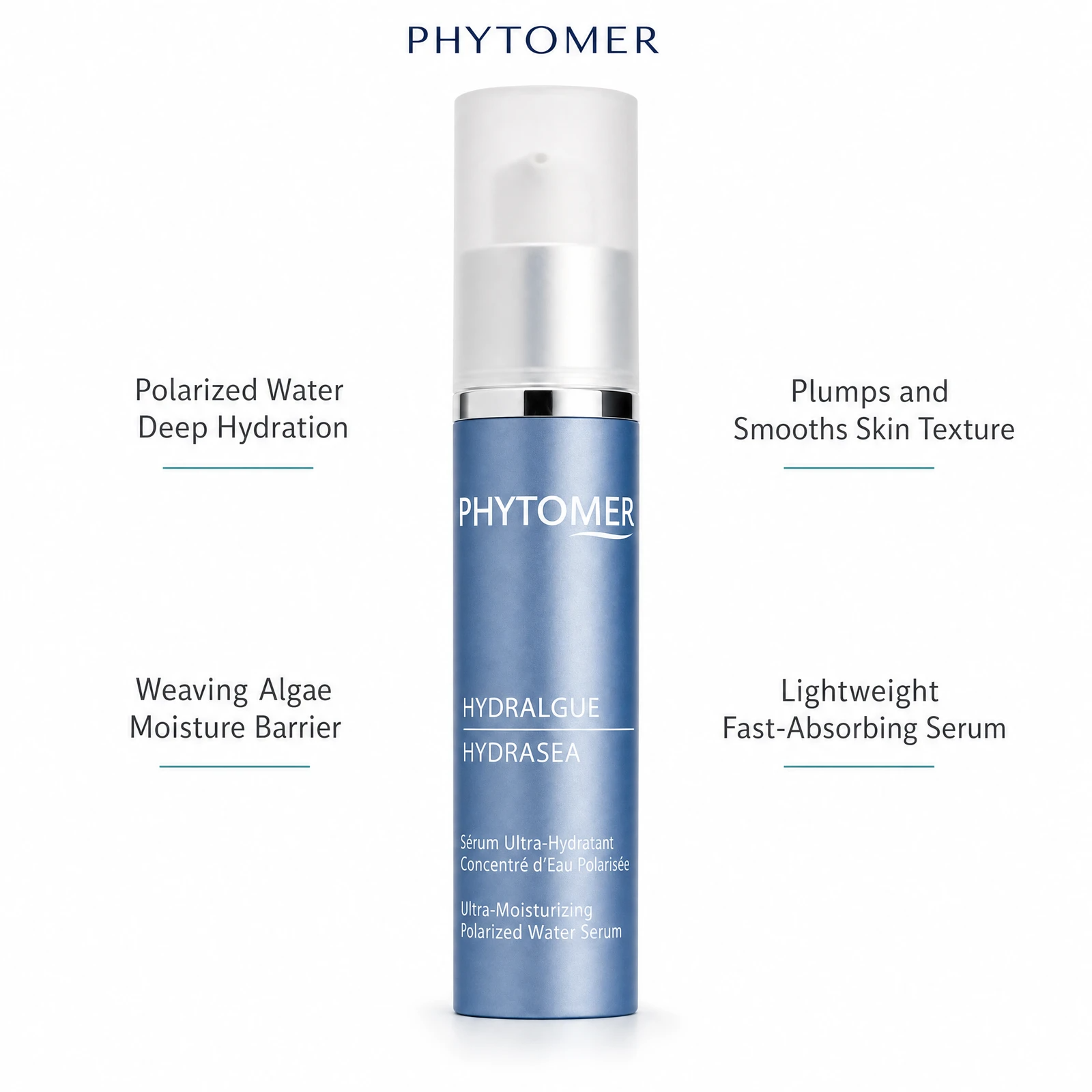 Phytomer Hydrasea Ultra-Moisturizing Polarized Water Serum 30ml with four benefit callouts: Polarized Water Deep Hydration, Plumps and Smooths Skin Texture, Weaving Algae Moisture Barrier, Lightweight Fast-Absorbing Serum