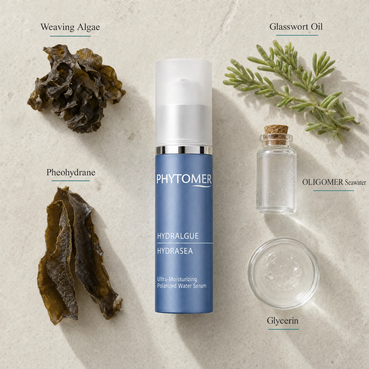 Phytomer Hydrasea Ultra-Moisturizing Polarized Water Serum 30ml flatlay on limestone surface with Weaving Algae, Glasswort Oil, Pheohydrane, OLIGOMER Seawater, and Glycerin
