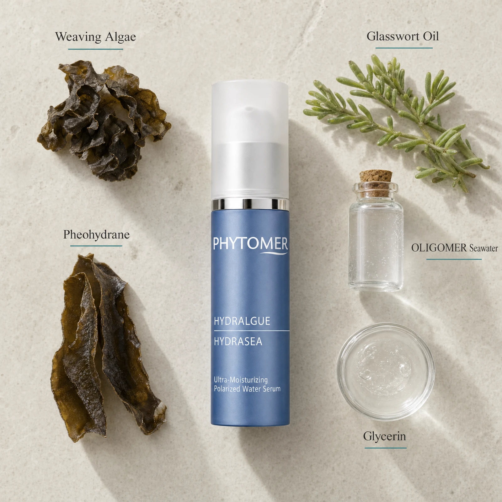 Phytomer Hydrasea Ultra-Moisturizing Polarized Water Serum 30ml flatlay on limestone surface with Weaving Algae, Glasswort Oil, Pheohydrane, OLIGOMER Seawater, and Glycerin
