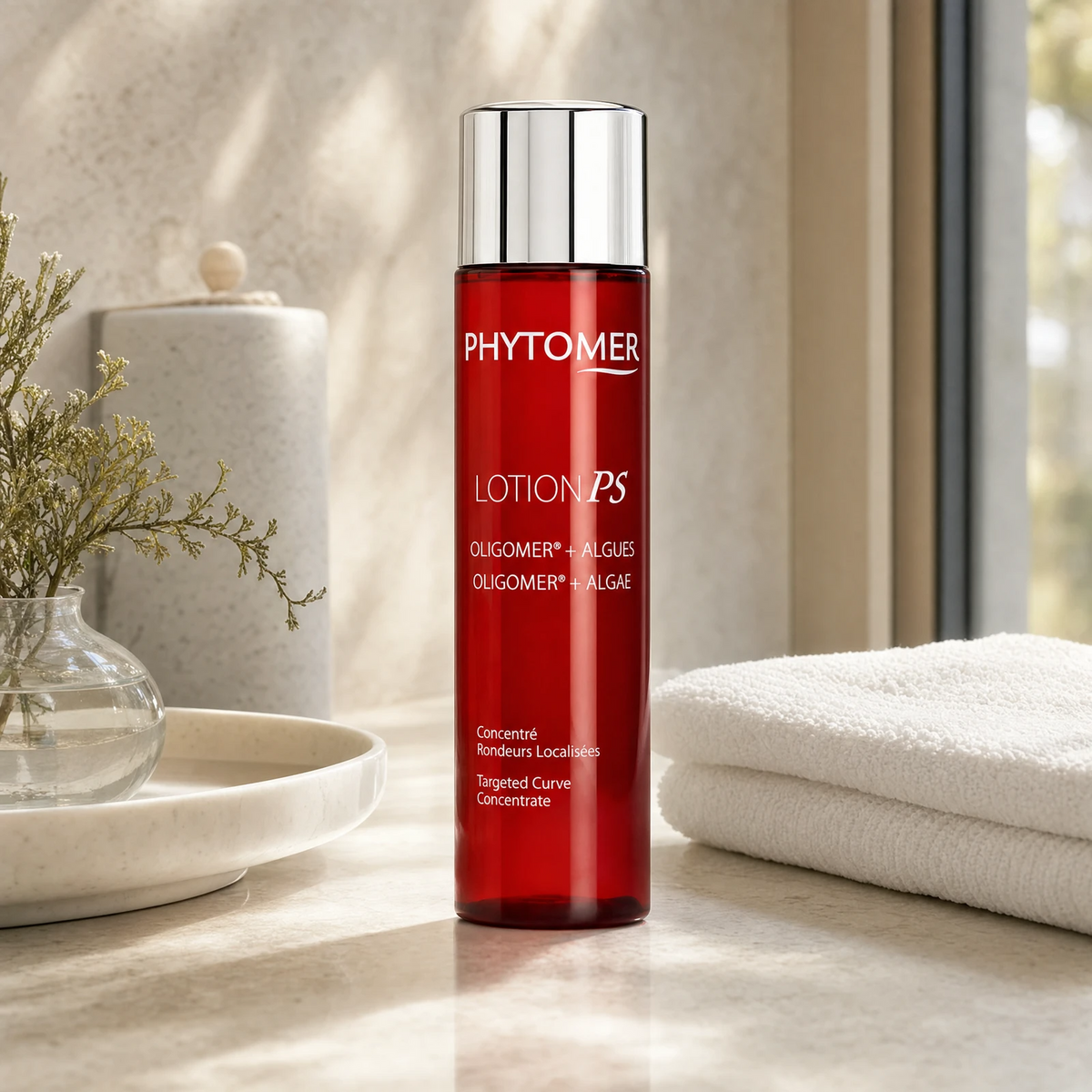 Phytomer Lotion P5 Targeted Curve Concentrate 150ml on a marble bathroom counter with coastal botanical in glass vase, stone canister, white towels and dappled sunlight, premium at-home body care setting