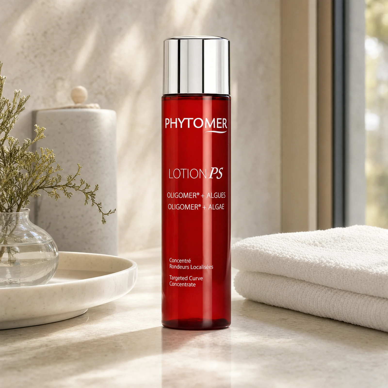 Phytomer Lotion P5 Targeted Curve Concentrate 150ml on a marble bathroom counter with coastal botanical in glass vase, stone canister, white towels and dappled sunlight, premium at-home body care setting