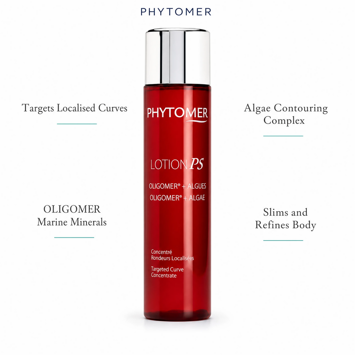 Phytomer Lotion P5 Targeted Curve Concentrate 150ml with four benefit callouts: Targets Localised Curves, OLIGOMER Marine Minerals, Algae Contouring Complex, Slims and Refines Body