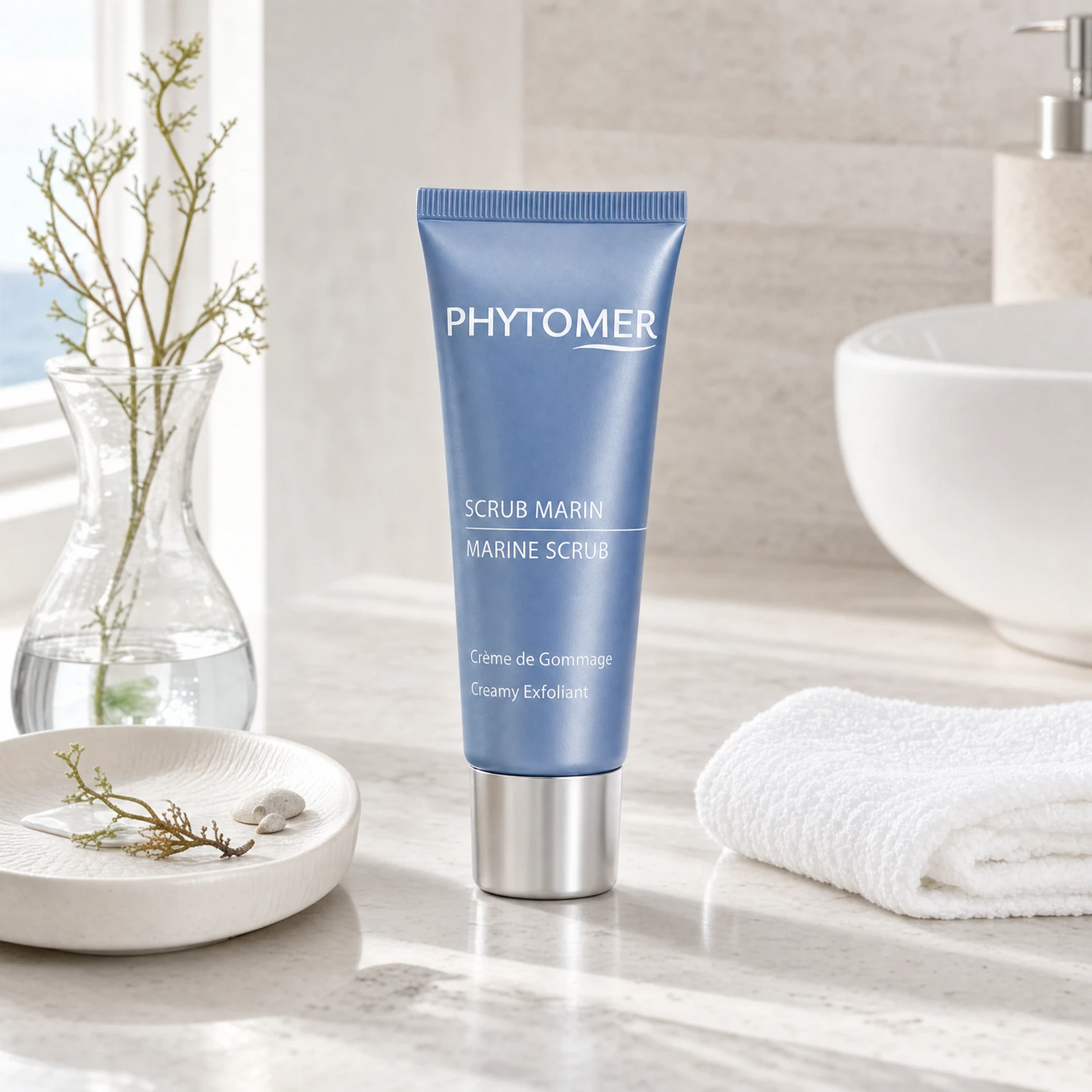 Phytomer Marine Scrub Creamy Exfoliant 50ml on a marble bathroom counter with coastal botanical in glass carafe, white ceramic dish with sea pebbles, white towels and sea view, premium at-home skincare setting