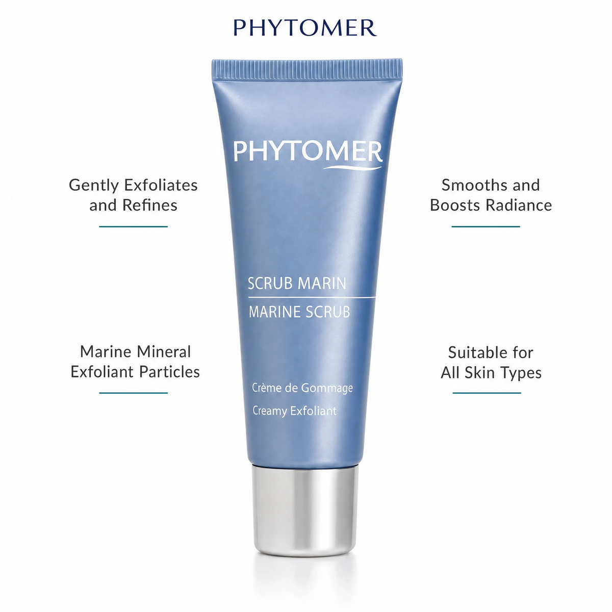 Phytomer Marine Scrub Creamy Exfoliant 50ml with four benefit callouts: Gently Exfoliates and Refines, Marine Mineral Exfoliant Particles, Smooths and Boosts Radiance, Suitable for All Skin Types