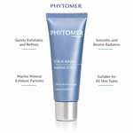 Phytomer Marine Scrub Creamy Exfoliant 50ml with four benefit callouts: Gently Exfoliates and Refines, Marine Mineral Exfoliant Particles, Smooths and Boosts Radiance, Suitable for All Skin Types