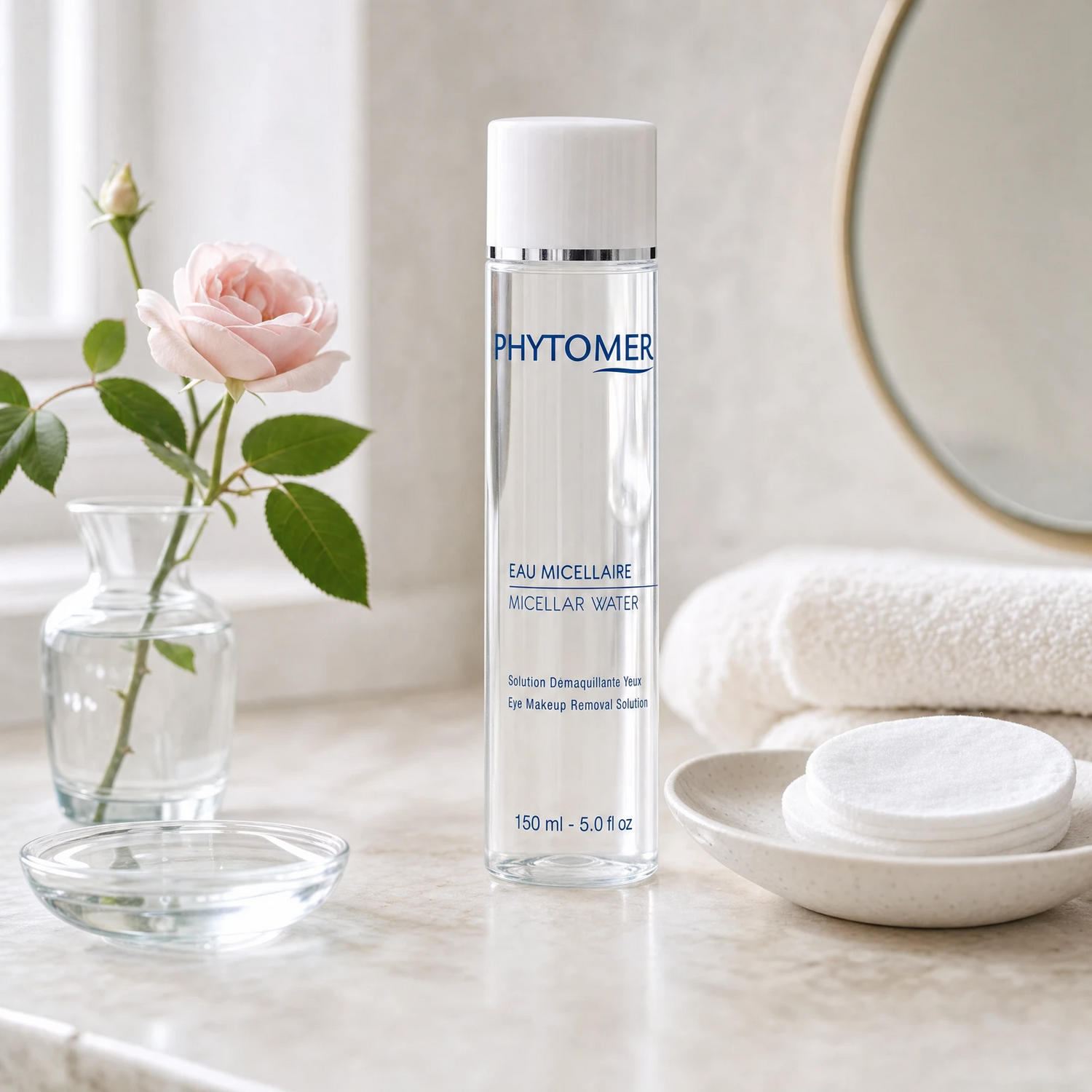 Phytomer Micellar Water Eye Makeup Removal Solution 150ml on a marble bathroom vanity with cotton rounds, glass vessel, fresh rose and white towels, premium at-home skincare setting