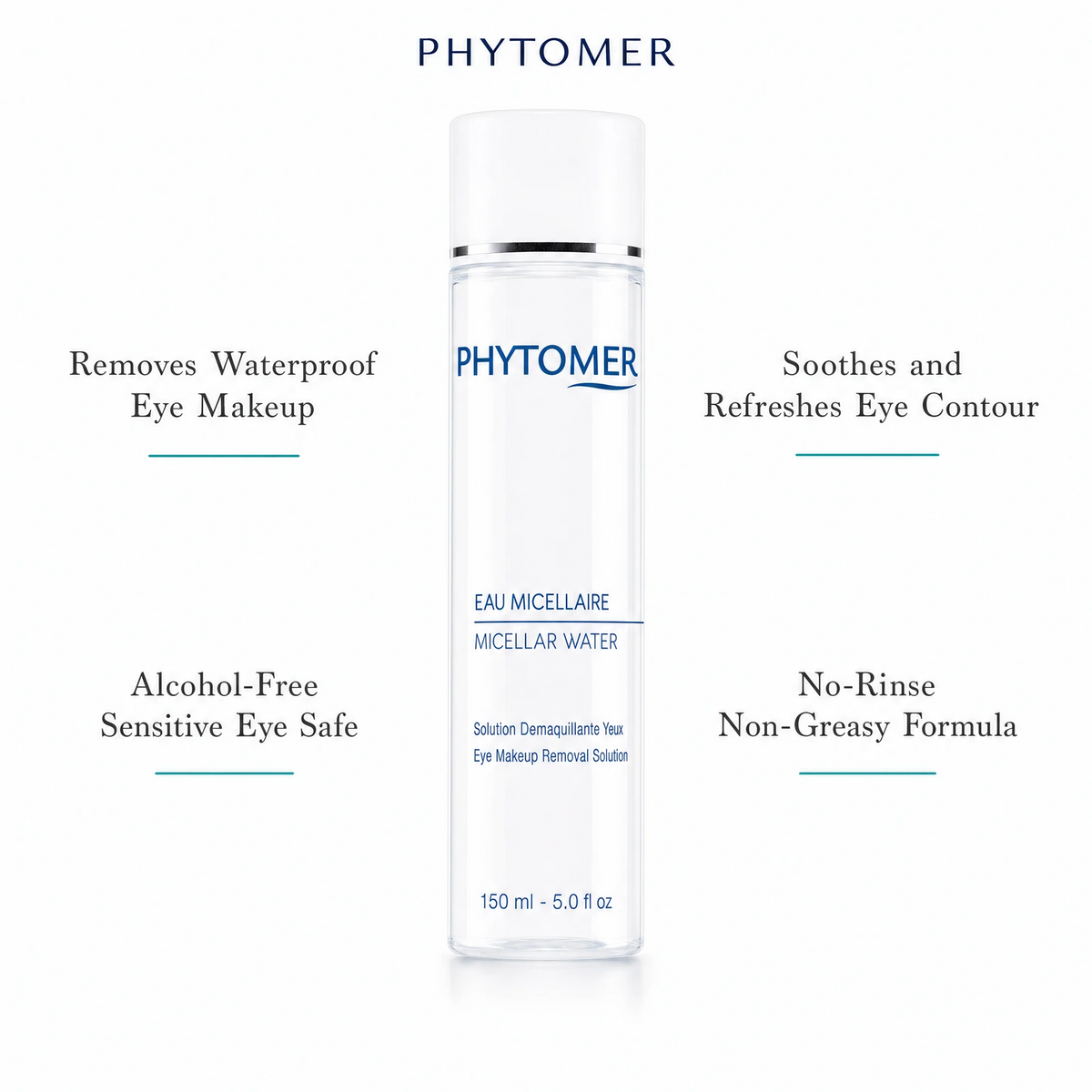 Phytomer Micellar Water Eye Makeup Removal Solution 150ml with four benefit callouts: Removes Waterproof Eye Makeup, Alcohol-Free Sensitive Eye Safe, Soothes and Refreshes Eye Contour, No-Rinse Non-Greasy Formula