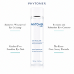 Phytomer Micellar Water Eye Makeup Removal Solution 150ml with four benefit callouts: Removes Waterproof Eye Makeup, Alcohol-Free Sensitive Eye Safe, Soothes and Refreshes Eye Contour, No-Rinse Non-Greasy Formula
